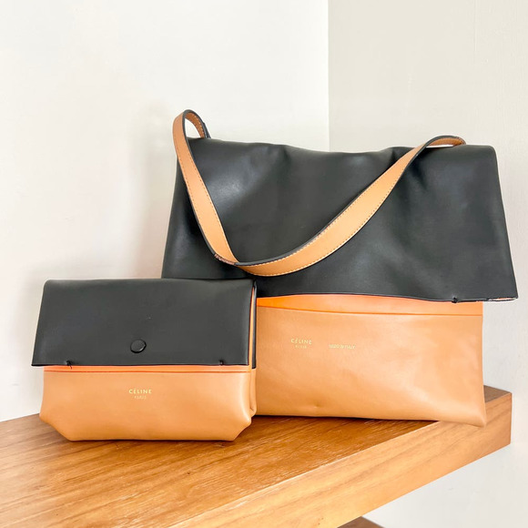 Celine Soft Calfskin Leather Shoulder Bag & Pouch Set Mellow Orange Black